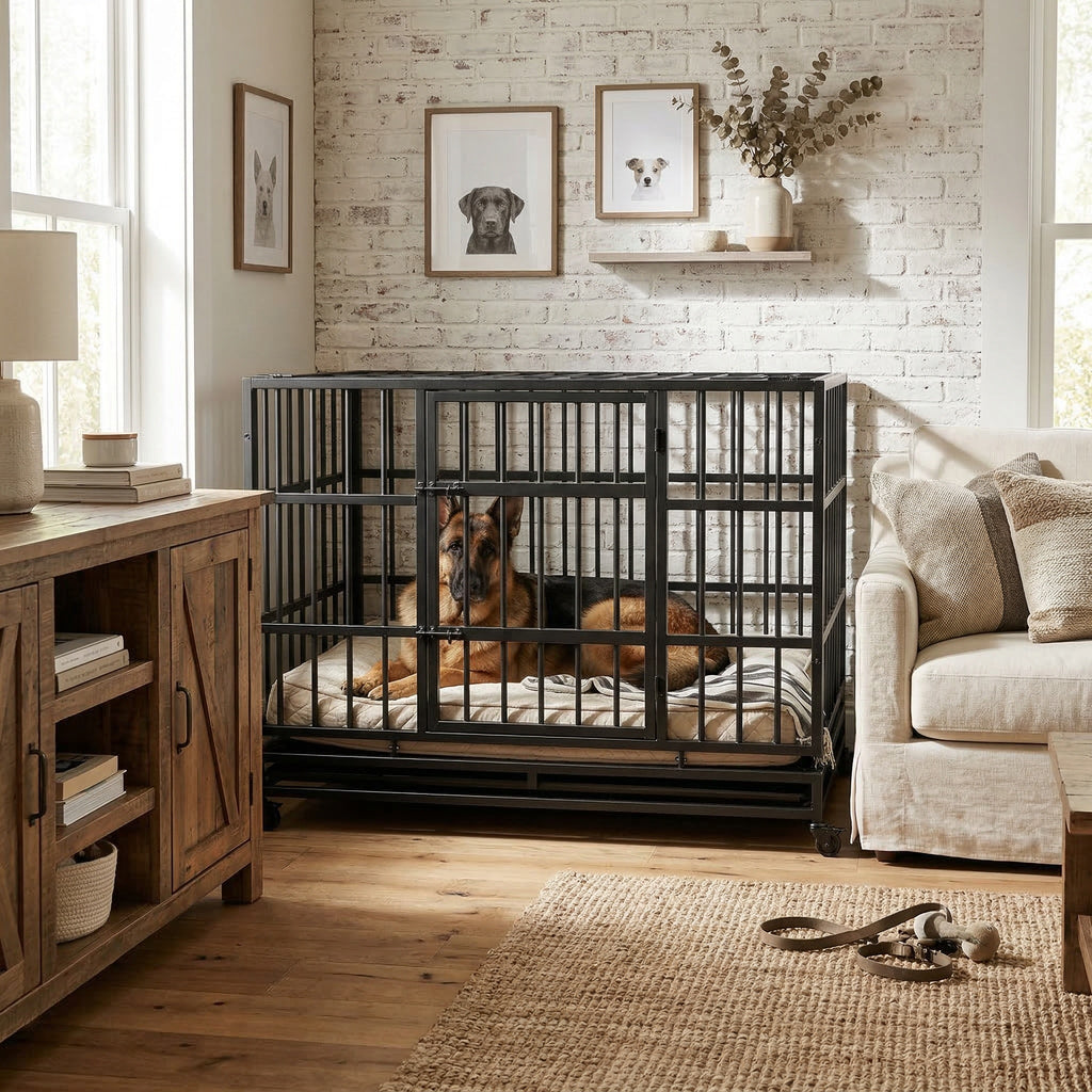 48 Inch Heavy Duty Indestructible Dog Crate with Wheels - Metal