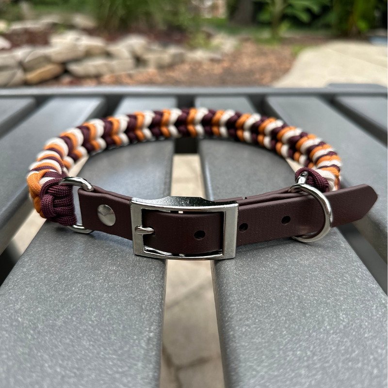 Coiled Charm Hand Braided Dog Collar in Mustard, Burgundy, & Cream