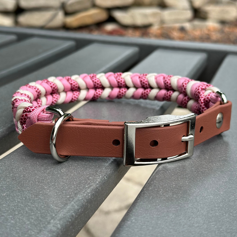 Coiled Charm Hand Braided Dog Collar in Pink, Red Diamonds, & Cream