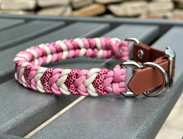 Coiled Charm Hand Braided Dog Collar in Pink, Red Diamonds, & Cream