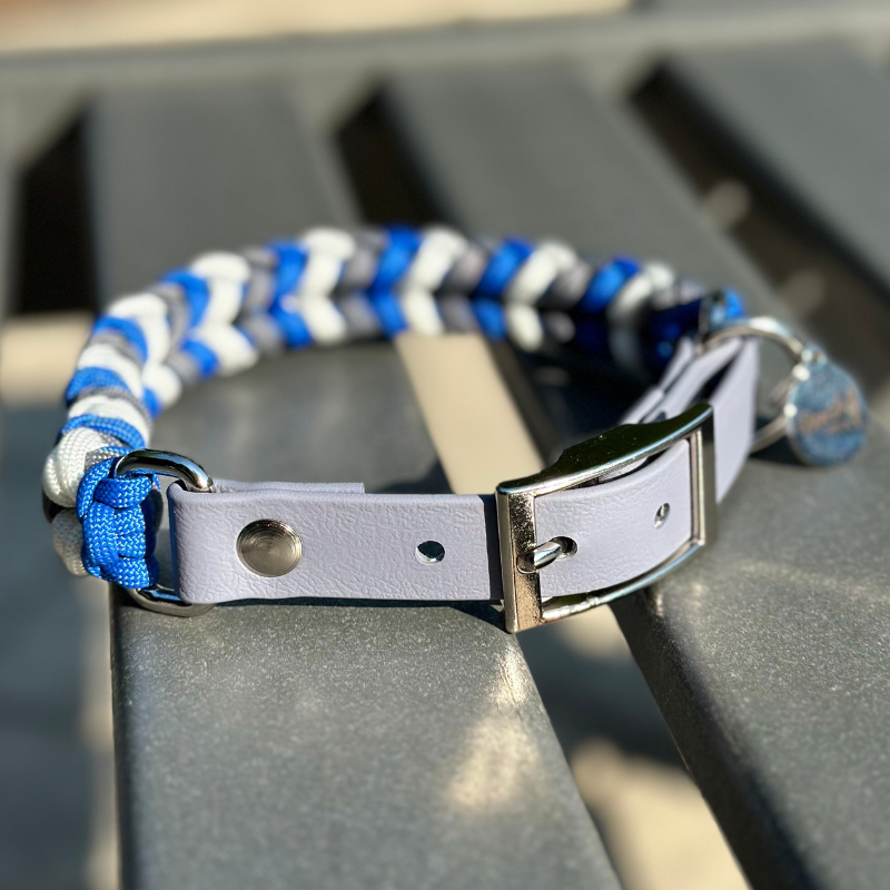Coiled Charm Hand Braided Dog Collar in Royal Blue, Graphite, & White