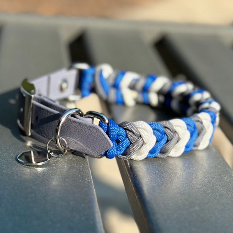 Coiled Charm Hand Braided Dog Collar in Royal Blue, Graphite, & White