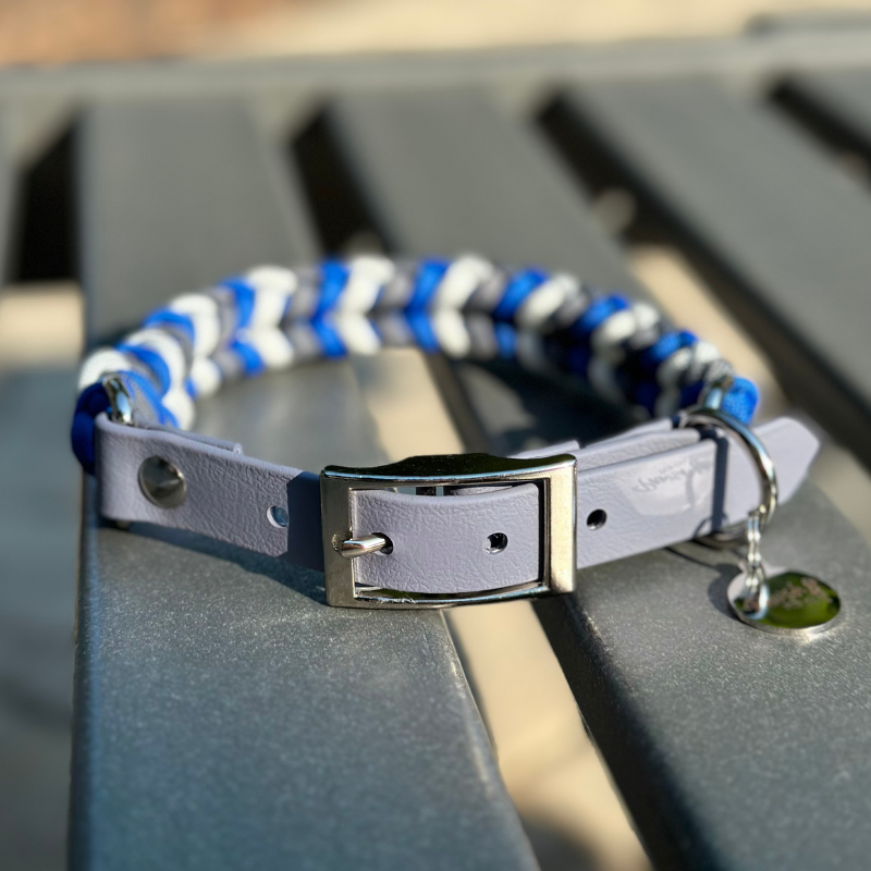 Coiled Charm Hand Braided Dog Collar in Royal Blue, Graphite, & White