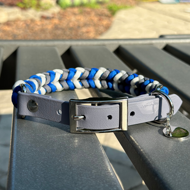 Coiled Charm Hand Braided Dog Collar in Royal Blue, Graphite, & White
