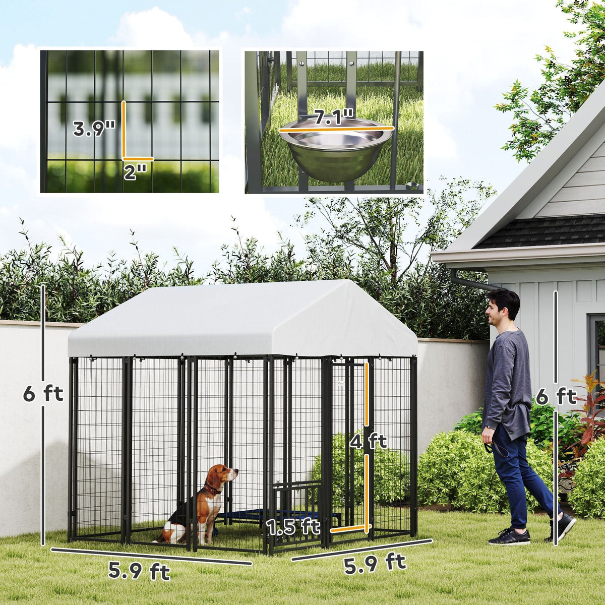 PawHut 5.9' x 5.9' x 6' Outdoor Dog Kennel with Roof, Rotating & 4-Level Adjustable Bowls