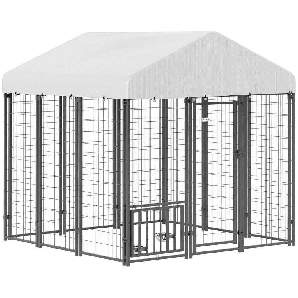 PawHut 5.9' x 5.9' x 6' Outdoor Dog Kennel with Roof, Rotating & 4-Level Adjustable Bowls