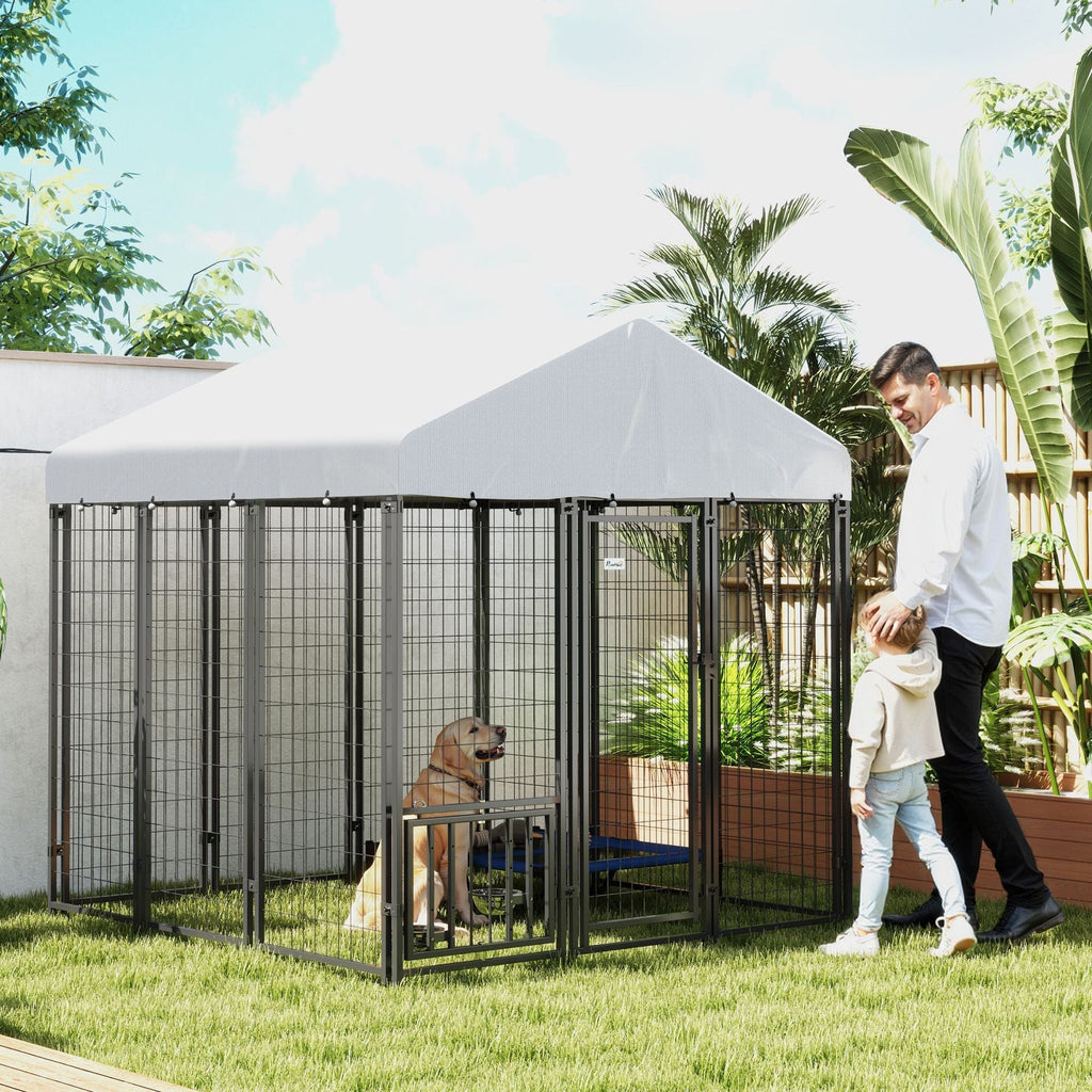 PawHut 5.9' x 5.9' x 6' Outdoor Dog Kennel with Roof, Rotating & 4-Level Adjustable Bowls