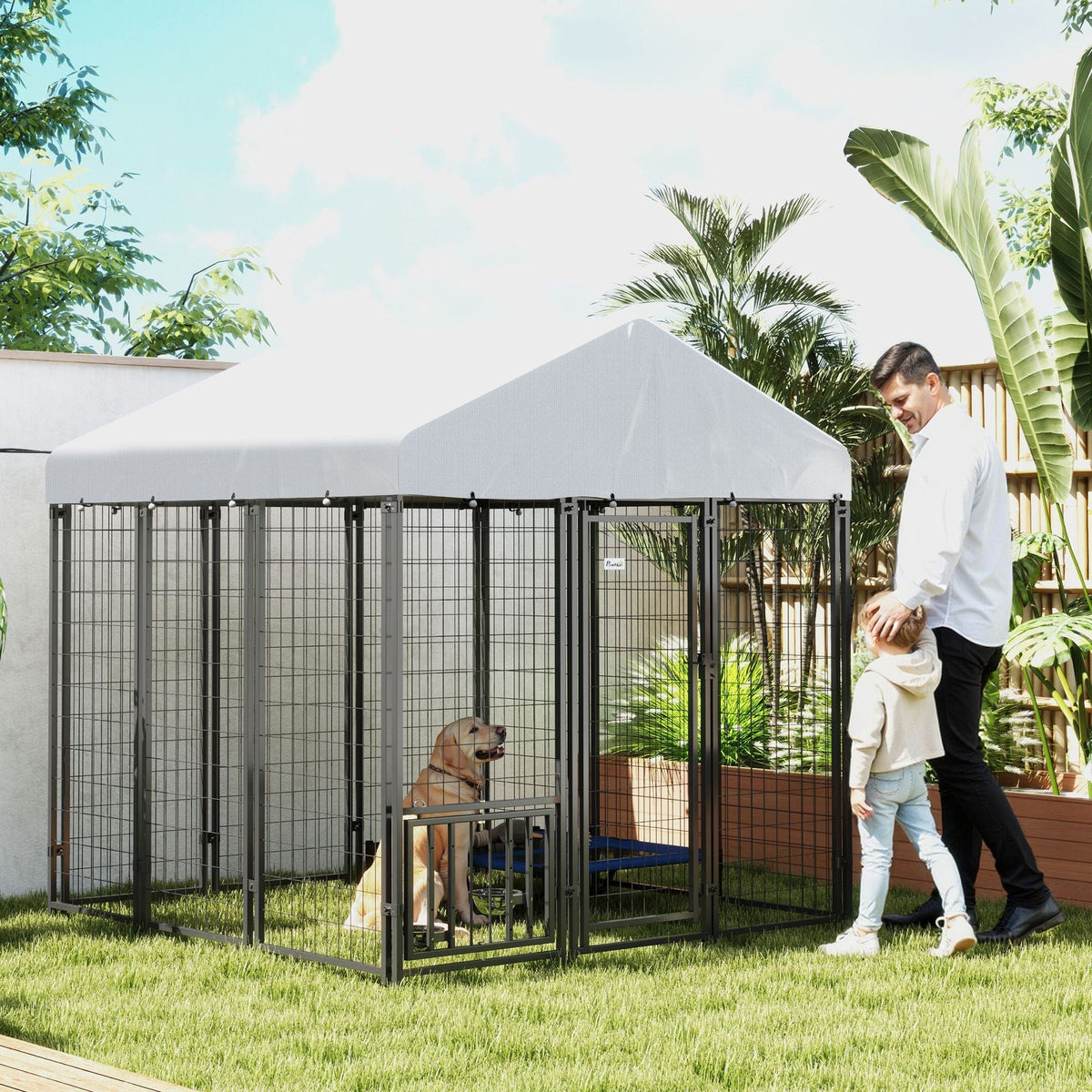 PawHut 5.9' x 5.9' x 6' Outdoor Dog Kennel with Roof, Rotating & 4-Level Adjustable Bowls