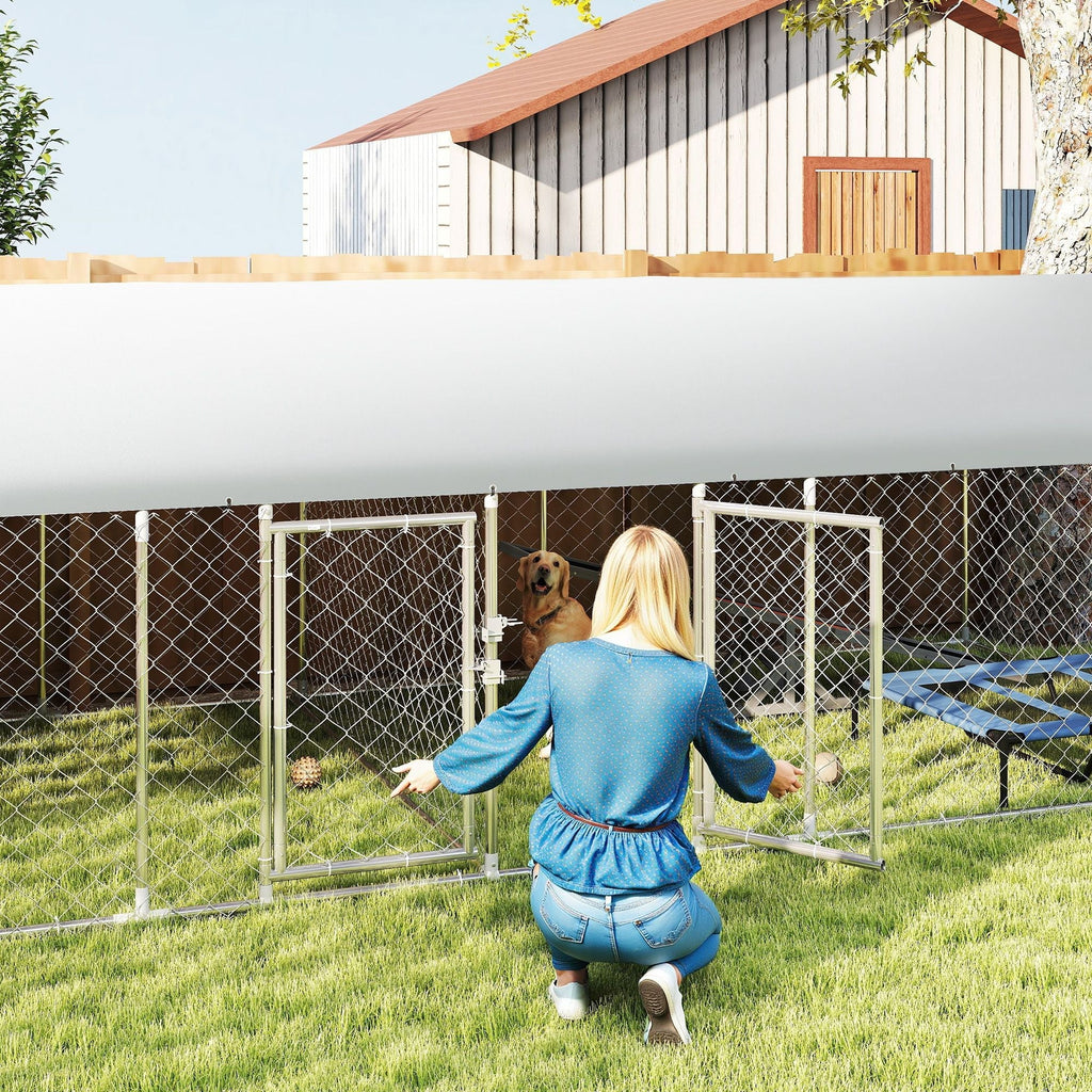 PawHut Two Room Outdoor Dog Kennel, Dog Run with Roof, Waterproof UV-Resistant Cover, Secure Lock, 19.7' x 7.5' x 5.2'