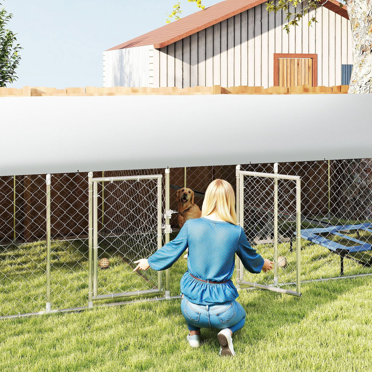 PawHut Two Room Outdoor Dog Kennel, Dog Run with Roof, Waterproof UV-Resistant Cover, Secure Lock, 19.7' x 7.5' x 5.2'