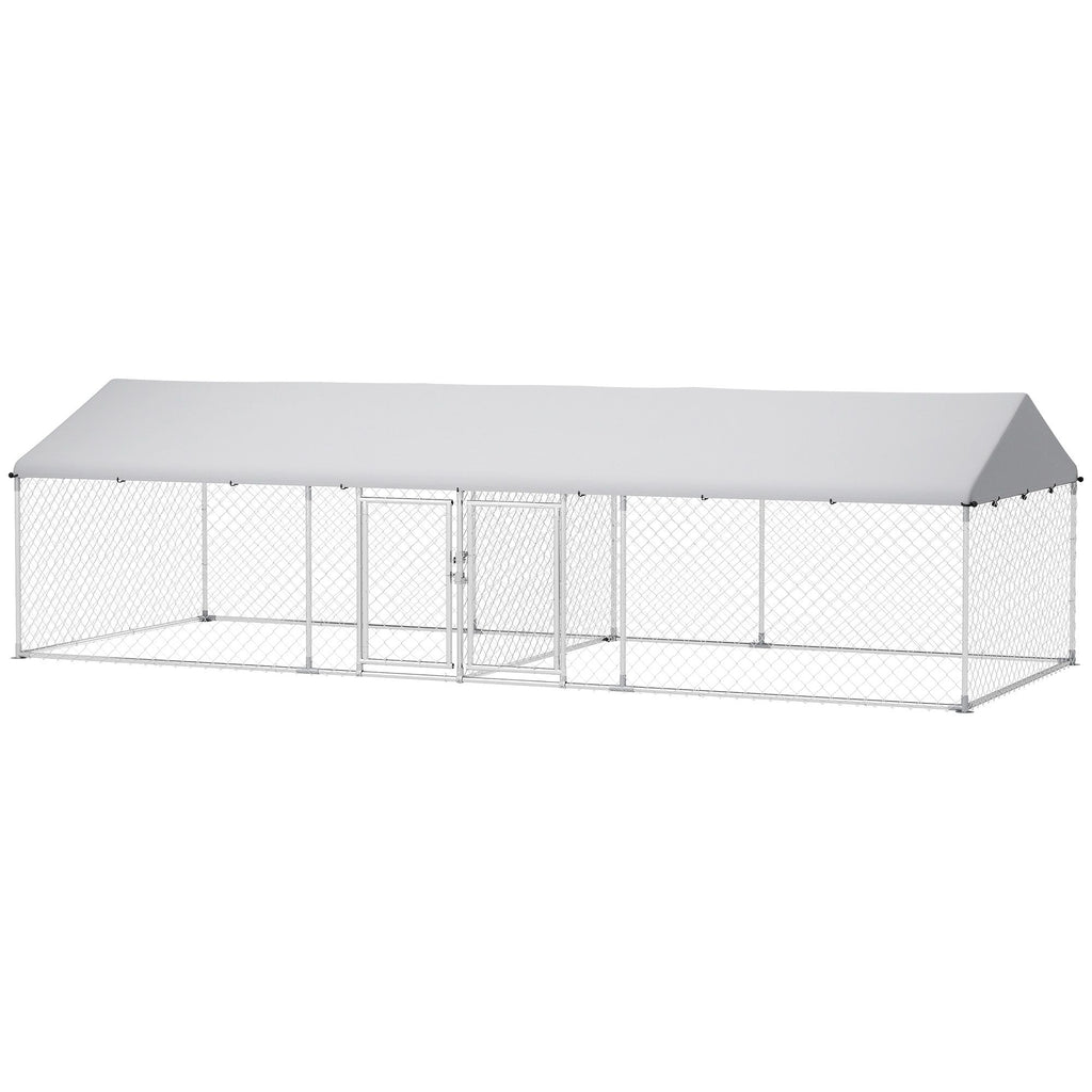 PawHut Two Room Outdoor Dog Kennel, Dog Run with Roof, Waterproof UV-Resistant Cover, Secure Lock, 19.7' x 7.5' x 5.2'