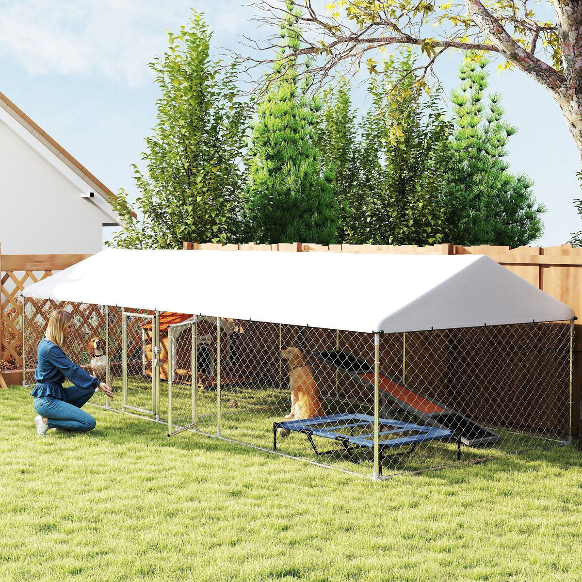 PawHut Two Room Outdoor Dog Kennel, Dog Run with Roof, Waterproof UV-Resistant Cover, Secure Lock, 19.7' x 7.5' x 5.2'