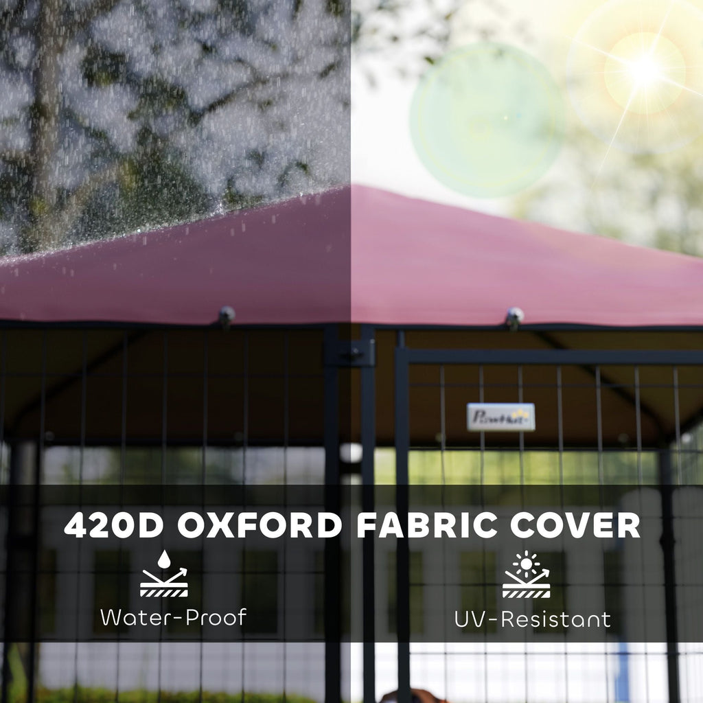 PawHut Welded Wire Outdoor Dog Kennel with 360° Rotating & 4 Levels Adjustable Bowls, Waterproof Cover, 4.6' x 4.6' x 5'