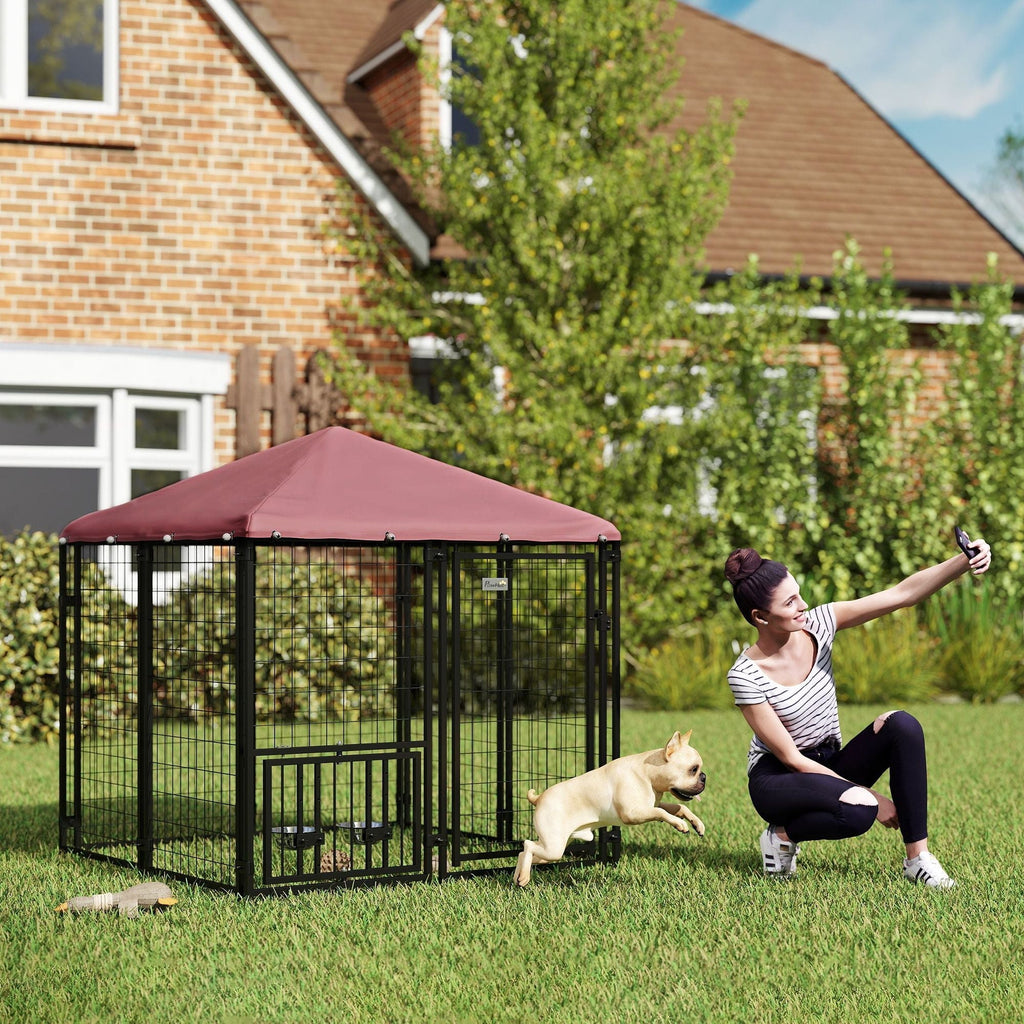 PawHut Welded Wire Outdoor Dog Kennel with 360° Rotating & 4 Levels Adjustable Bowls, Waterproof Cover, 4.6' x 4.6' x 5'