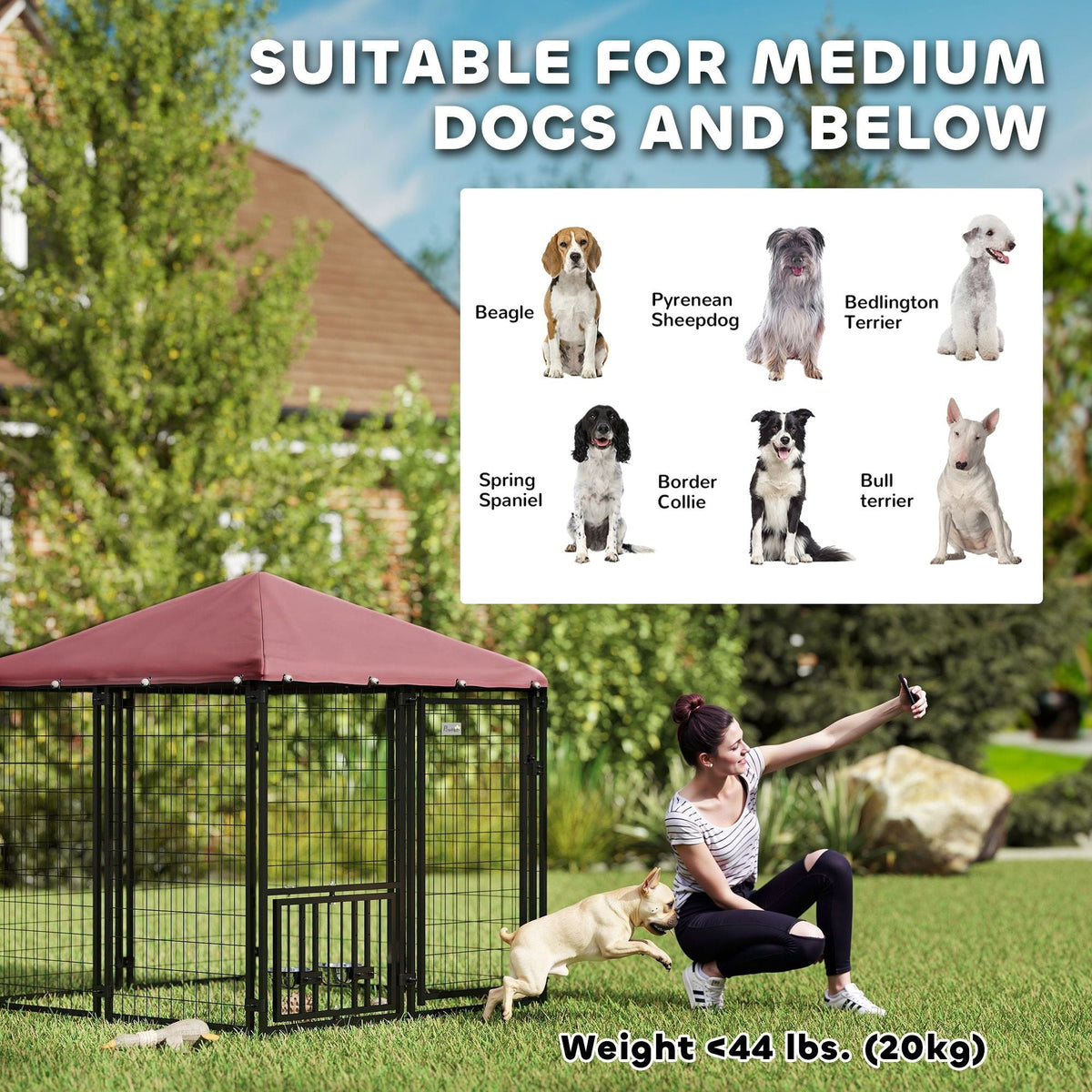 PawHut Welded Wire Outdoor Dog Kennel with 360° Rotating & 4 Levels Adjustable Bowls, Waterproof Cover, 4.6' x 4.6' x 5'